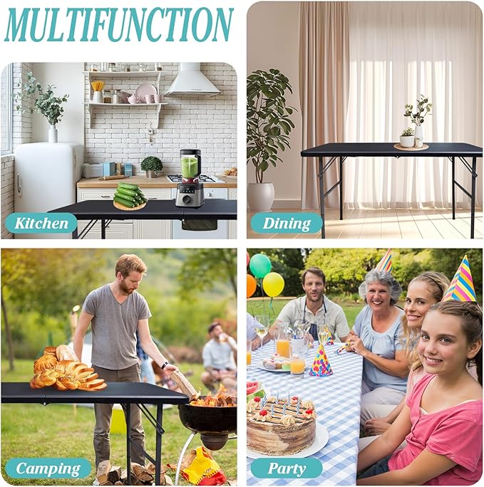 4FT Plastic Folding Table - Lightweight & Portable for Camping, Picnic, Card Games - Indoor Outdoor Foldable Dining & Utility Table (Black-2set)