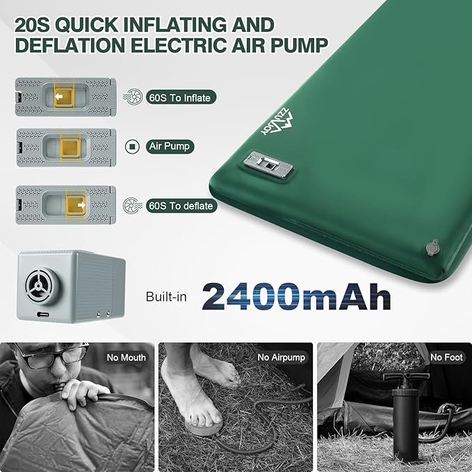 Self Inflating Sleeping Pad with Electric Pump, 3.15" Ultra-Thick Memory Foam Camping Mattress, 4-Season Sleeping Pad with Built-in Pillow for Camping Tent Car Travel