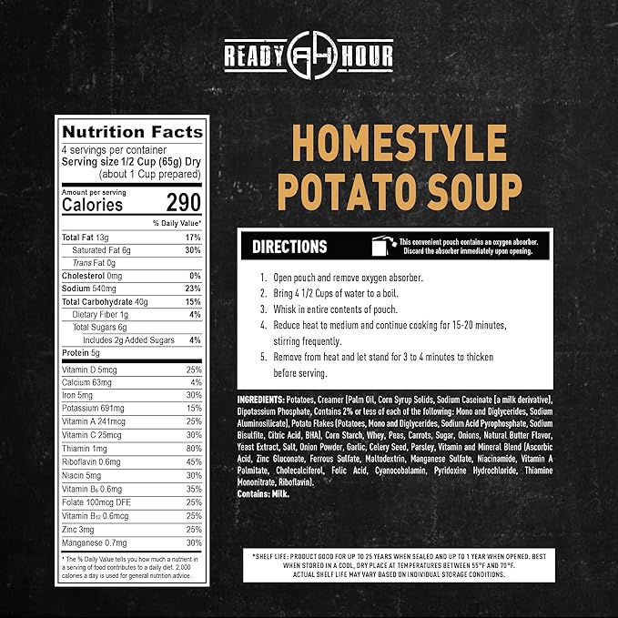 Ready Hour Homestyle Potato Soup Case Pack – 24 Servings (6 Pouches) – Freeze-Dried Soup, Emergency Survival Food, Long-Term Storage, Dehydrated Bulk Meal, Prepper Pantry Essential