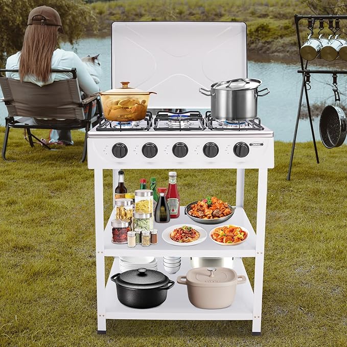 Natural Gas Stove, 12.5KW 5-Burner Camping Stove with 5 Fire Adjustment Knobs and 2 Tiers Storage Rack, Portable Gas Cooktop Outdoor Cooking Tool for Camping Fishing Travel, White