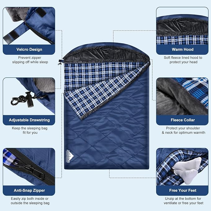 AGEMORE Cotton Flannel Double Sleeping Bag with Fleece Lined Hood, Waterproof Queen Size 2 Person Sleeping Bag for Adults Cold Weather Camping Backpacking or Hiking, 3-4season