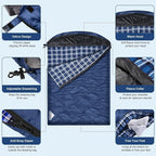 AGEMORE Cotton Flannel Double Sleeping Bag with Fleece Lined Hood, Waterproof Queen Size 2 Person Sleeping Bag for Adults Cold Weather Camping Backpacking or Hiking, 3-4season