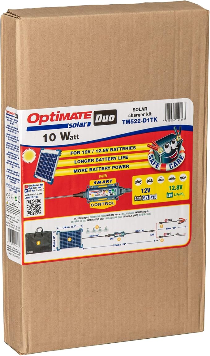 Optimate Solar Duo 10W Travel kit, TM522-D1TK, 6-Step 12V / 12.8V 0.8A Weatherproof Solar Battery Saving Charger & maintainer