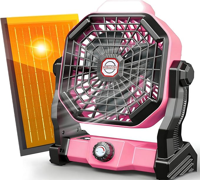 30000mAh Solar Fan, Camping Fan with Solar Panel, 10W 9-Inch Rechargeable Battery Operated Fans for Outside, LED Lantern, Stepless Speed and Quiet Battery Powered Solar Tent Fans for Outdoor, Barbecue