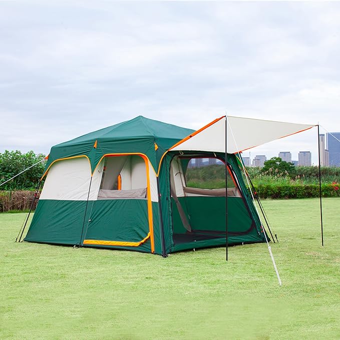 KTT Extra Large Tent 10-12-14 Person(A),Family Cabin Tents,2 Rooms,3 Doors and 3 Windows with Mesh,Straight Wall,Waterproof,Double Layer,Big Tent for Outdoor,Picnic,Camping,Family Gathering