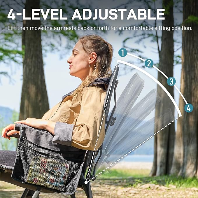 EVER ADVANCED Reclining Camping Chairs for Adult Lightweight, Folding Recliner Chair with Adjustable Back, 4-Level Lounge Chairs, Portable Lawn Chairs for Patio Balcony, Supports 350lbs Grey