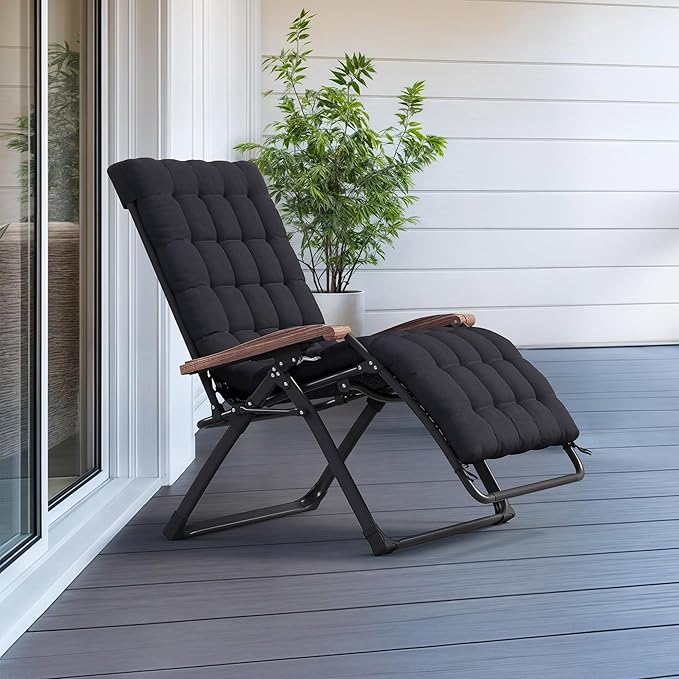 PURPLE LEAF Extra Wide Outdoor Reclining Chair Patio Zero Gravity Chaise Lounge Folding Chair with Removable Cushion Adjustable Headrest for Lawn Camping Beach Pool Black