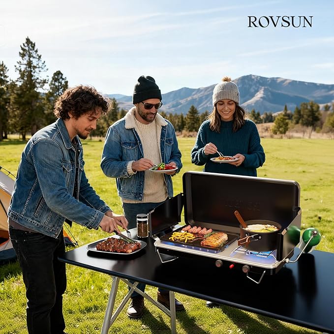 ROVSUN 2-in-1 Portable Camping Stove & Propane Grill with Enamel Griddle & Piezo Igniter, Tabletop Camp Stove with Built-in Handle, Wind Panel & Regulator for Camping, Tailgating, Grilling (Black)