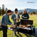 ROVSUN 2-in-1 Portable Camping Stove & Propane Grill with Enamel Griddle & Piezo Igniter, Tabletop Camp Stove with Built-in Handle, Wind Panel & Regulator for Camping, Tailgating, Grilling (Black)