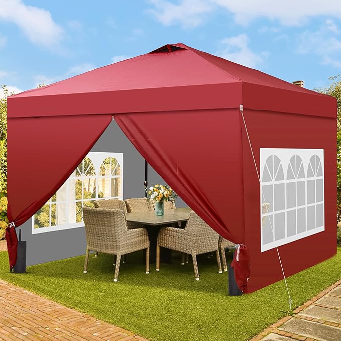 GDY 12x12 Pop Up Canopy Tent with 4 Sidewalls, Easy Set up with One Push Lift Gazebo with Wheel Bag and4 Sandbags,Carpas for Events, Parties,Camping, Red.