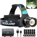 Rechargeable LED Headlamp, Super Bright High Lumens Head Lamp, 90 Hour Standby Head Light with 9 Modes, IPX7 Waterproof Zoom Headlamps, 125° Adjustable Headlight for Camping, Adults