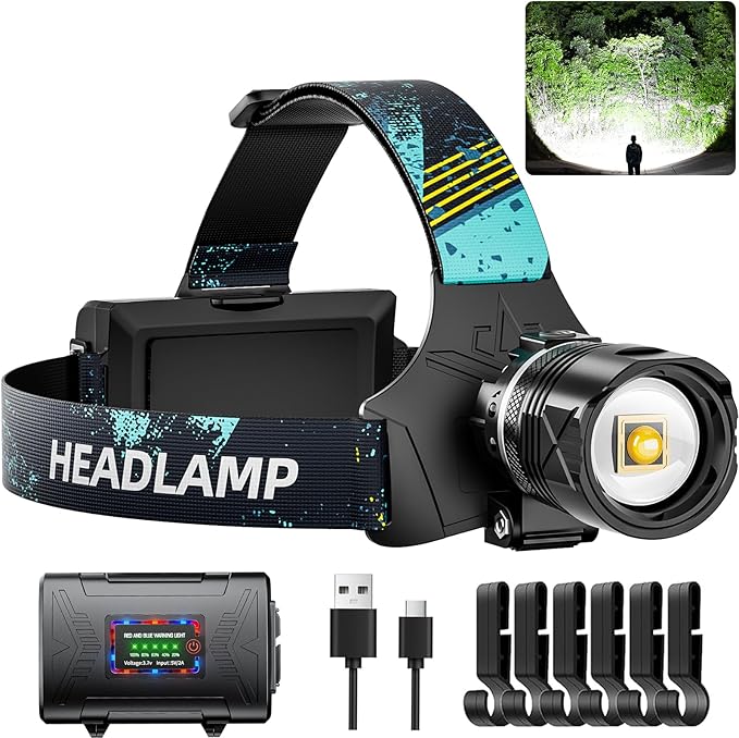 Rechargeable LED Headlamp, Super Bright High Lumens Head Lamp, 90 Hour Standby Head Light with 9 Modes, IPX7 Waterproof Zoom Headlamps, 125° Adjustable Headlight for Camping, Adults