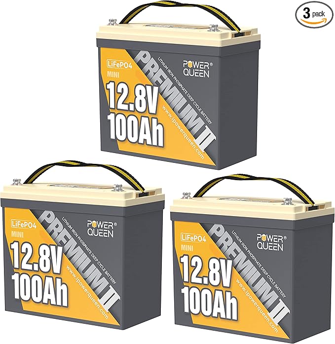 Power Queen 3 Pack Mini LiFePO4 Lithium Battery, 12V 100Ah Battery with Built-in 100A BMS, 1280Wh Energy, Up to 15000 Cycles, 10-Year Lifespan for Home Solar Energy System, RV, Camping