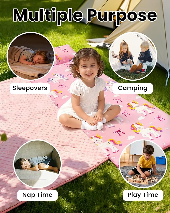 Primlect Toddler Thickened Foam Nap Mat with Pillow, Extra Large 55"x35", Soft, Supportive Sleeping Bag with Detachable, Washable Cover, for Sleepover, Home, Travel, Boys and Girls