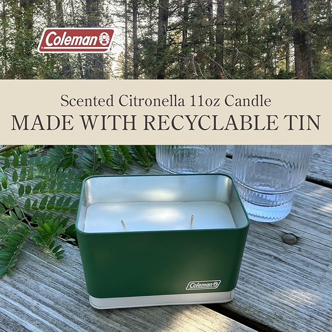 Coleman Citronella Candle 11oz – Outdoor Candle in Retro Cooler Tin – Long-Lasting Decorative Candle for Patio, Camping, Backyard, BBQ & Travel, Green