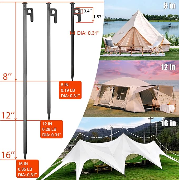 20 Pack 16 inch Tent Stakes Heavy Duty Metal Tent Pegs for Camping Steel Tent Pegs Unbreakable and Inflexible