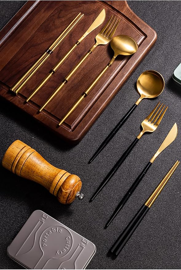 IKXO Folding Camping Cutlery Set Portable Tableware Set Spoon and Fork with Case for Picnic Hiking Thermos Camping Travel Other Outdoor Activities ， Mirror Polished Pocket-sized