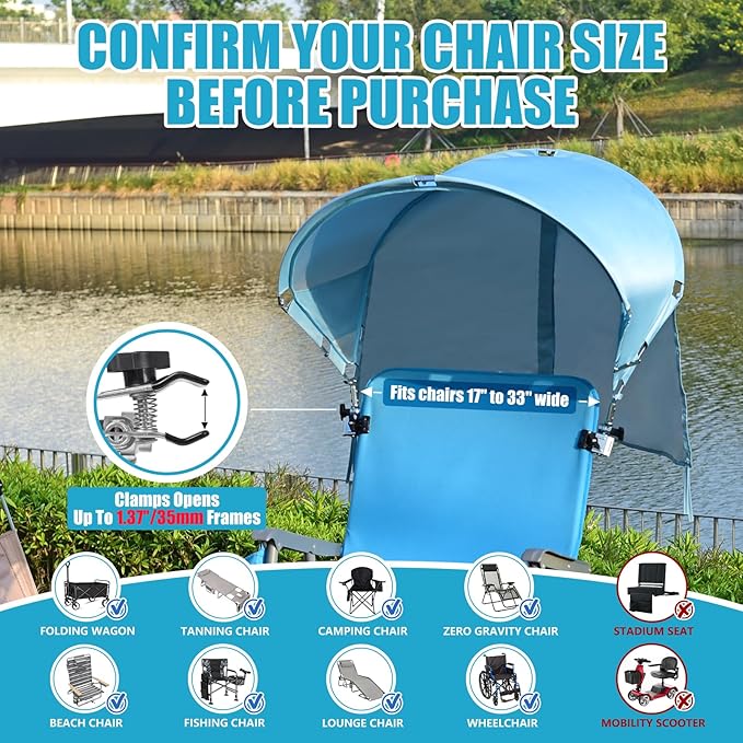 XL Universal Beach Chair Umbrella Canopy, UPF 50+ Chair Sun Shade Attachment with Adjustable Clamp for Camping, Lawn, Wheelchair, Tanning, Zero Gravity, Lounge, Fishing, Outdoor Chairs, Oversized