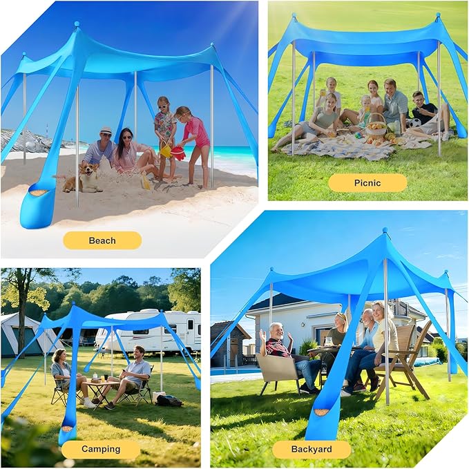 Beach Tent Sun Shelter UPF 50+,10x10 FT Beach Canopy Tent Sun Shade,Pop Up Beach Canopy with 8 Sandbags, Outdoor Beach Shade for Camping Trips, Fishing, Backyard Fun Picnics (Sky Blue)