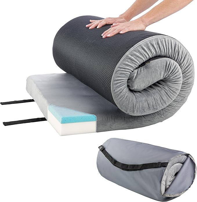Memory Foam Camping Mattress - 3.5-Inch Thick Sleeping Pad for Camping Gear - Dual-Layer Roll Up Portable Bed for Car, Truck, Camp Tent, Cot Mattress, or Sleepover Guests by Wakeman Outdoors (Gray)