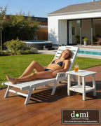 Domi Outdoor Chaise Lounge Chair with Table, HDPE Outdoor Lounge Chair with Reclining Backrest, Patio Chaise Lounger for Poolside, Outside Sunbathing Tanning, White