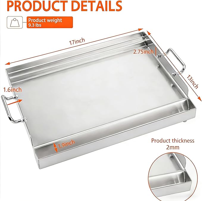 LotFun 17" x 13" Stainless Steel Cooking Griddle for Outdoor Gas Grill, Universal Griddle Flat Top Plate Insert with Grease Groove and Removable Handles for Electric/Charcoal/Gas Grill, Camping,Party