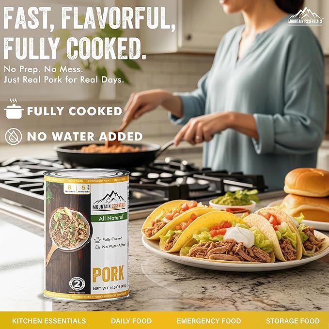 MOUNTAIN ESSENTIALS Canned Pork 14.5 oz – Fully Cooked, Ready to Eat – Pantry Staple Meat for Everyday Meals, Premium Emergency Survival, Bulk Food Storage, Camping, Hiking & Quick Meals – 5-Year Shelf Life – Made in USA – Gluten Free, No Carbs Pack of 12
