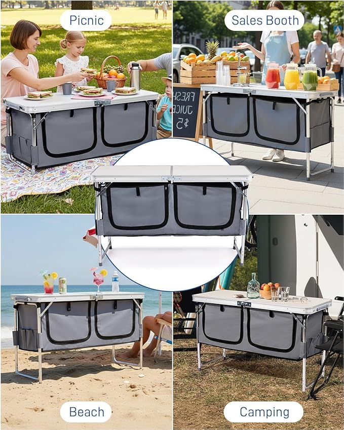 Outvita Folding Table, 4FT Aluminum Camping Table with Large Storage Space and Adjustable Height Picnic Table Lightweight for Carring Outdoor Party Events Beach