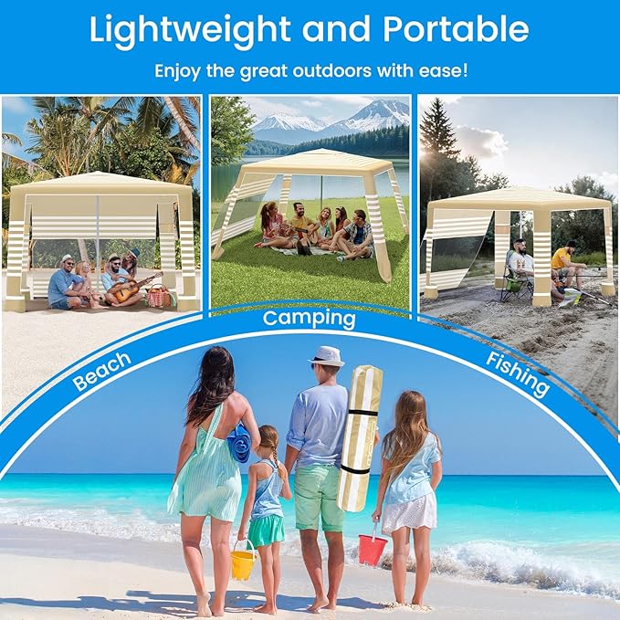 MoKo Beach Cabana, 8'×8' Large Beach Canopy with Side Wall, UPF 50+ Protection Easy Setup Beach Tent Sun Shelter, Adjustable Height Wind Resistant Cabana Beach Tent for Whole Family, Khaki Stripe
