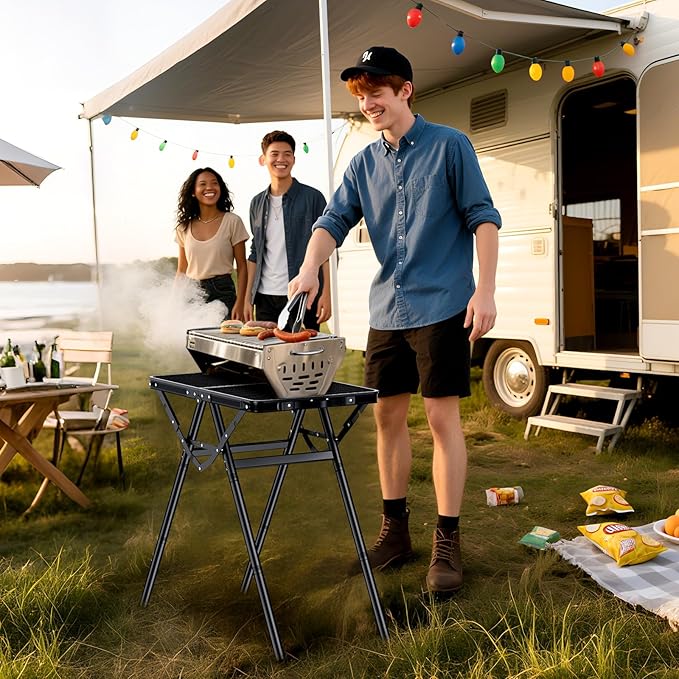 Anbte 2ft Folding Grill Table, Supports 180 Lbs, 2 Adjustable Height 28” Portable Grill Table Heat-Resistant Tabletop, Folding Metal Table for Camping BBQ Cooking Backyard Outdoor, 24" X 16", Black