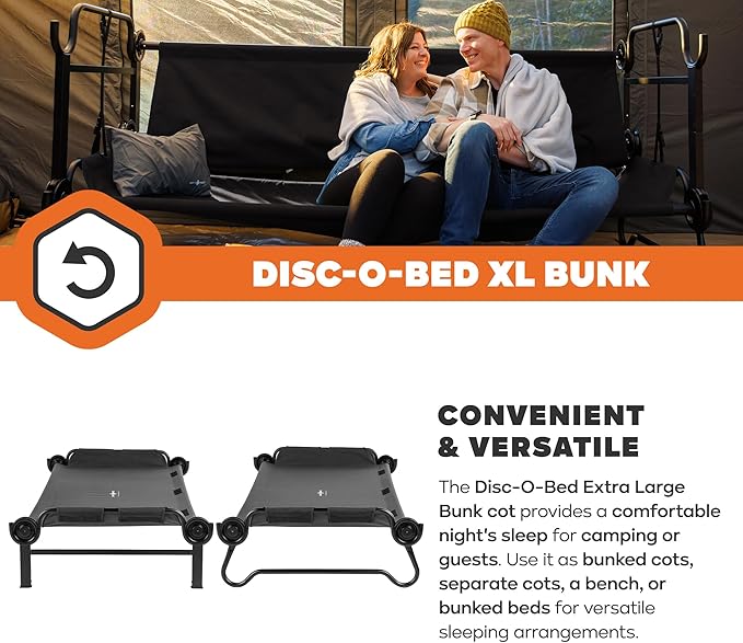 Disc-O-Bed Extra Large Portable Bunk Camping Cots with Carry Bags - Heavy-Duty Indoor or Outdoor Sleeping System, Converts to Bench or Separate Beds, 500 lb Weight Capacity Per Cot, Black