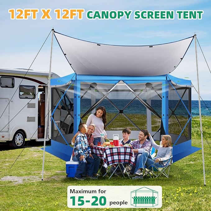 COBIZI Pop Up Gazebo Starry Sky Screen Tent Screen House with a mesh top for Camping, 12x12 Screen Room with Mosquito Netting, Hub Tent Instant Screened Canopy with Carrying Bag, Blue