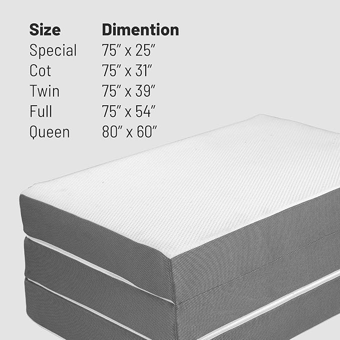Treaton, 4-Inch Tri-Folding Gel Memory Foam Portable Floor Mattress | Breathable Mesh, Ultra Soft, Cot Pad, Removable and Washable Cover, Comfortable Support, Therapeutic Qualities, 25-Inch, White