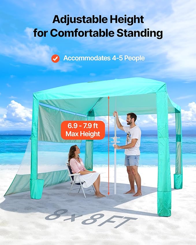 VEVOR Beach Cabana, 8 x 8 ft Beach Canopy with Side Wall, UPF 50+ Protection Easy Setup Cabana Tent with Sand Pockets, Adjustable Height Portable Shade Sun Shelter Umbrella for Family & Friends, Green