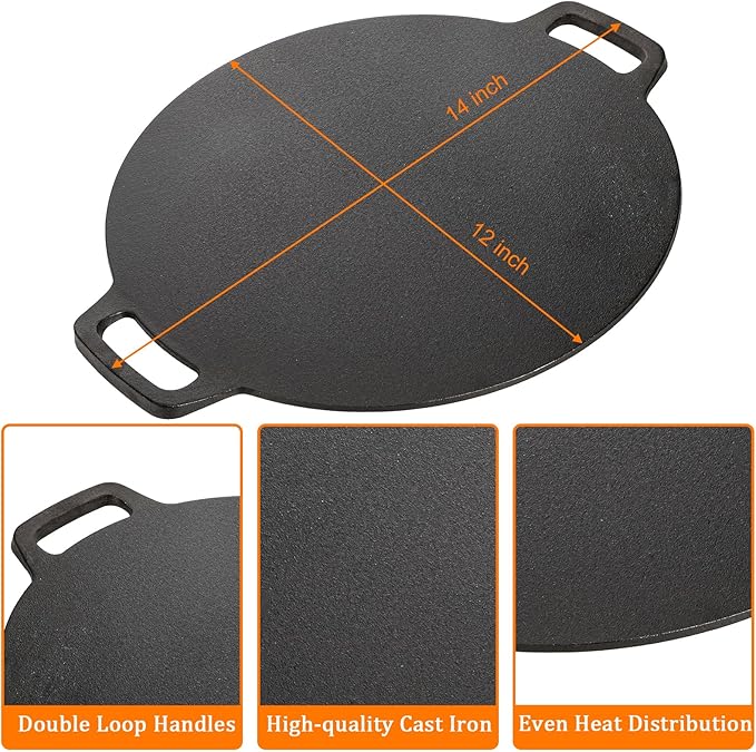 Bekith 12-Inch Cast Iron Pan with Taco Holders, Cast Iron Griddle with Dual Handle, Baking Pan for Pizza, Tortillas, Crepe, Dosa, Use in the Oven, on the Stove, on the Grill, or Over a Campfire