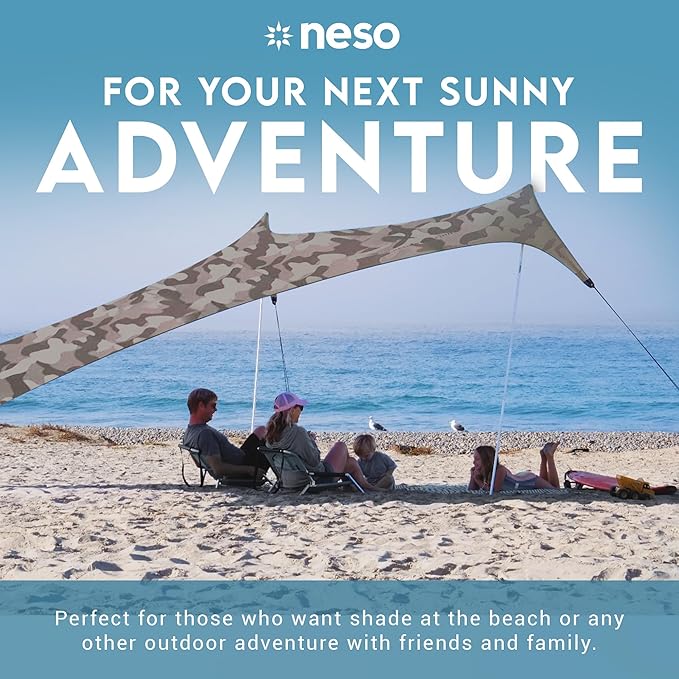 Neso Gigante Portable Beach Tent Sun Shelter - Lightweight Beach Shade Canopy - Easy Setup for Family Outings - Patented Reinforced Corners - UPF 50+ Sun Protection - 8ft Tall, 11 x 11ft - Grey Camo