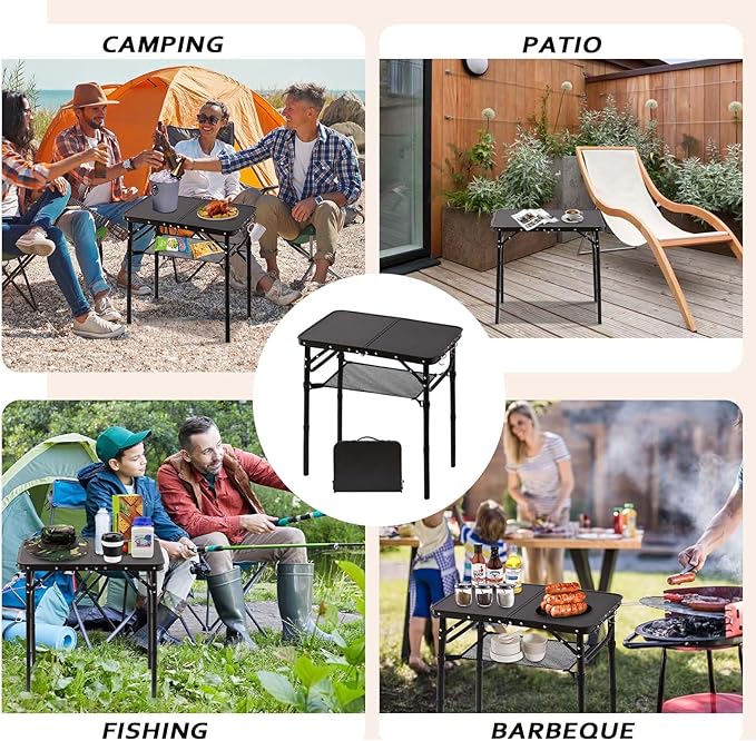 Folding Picnic Table with Storage Net, Matte Black Aluminum Folding Table 23.6" x 15.8", Adjustable Height Max 27.5", Lightweight Portable for Camping Travel Grill Indoor