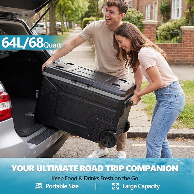 Kndko 12 Volt Car Refrigerator, 68 Quart (64L) Dual Zone Electric Cooler, Fast Cooling Portable Fridge 12V/24V DC 100-240V AC, -4℉~68℉, 12v cooler with Wheels & 2 Baskets for Camping, Road Trip, Truck