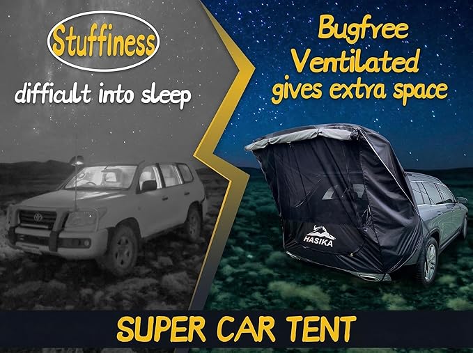 Hasika SUV Camping Tent Car Tailgate Shade Awning with Screen Net Waterproof 3000MM UPF 50+ Black (Large)
