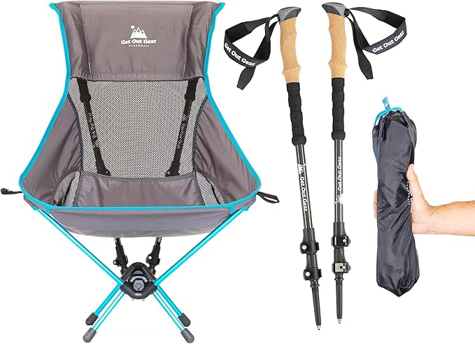 Get Out Gear TrekChair V2 Highback Backpacking Chair | 2-in-1 Trekking Pole and Camp Chair System | Extra Large and Wide with Headrest | Ultralight | Compact, Packable, and Lightweight Hiking Chair