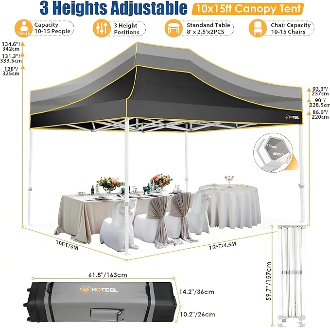 HOTEEL 10x15 Heavy Duty Pop up Canopy Tent for Parties with 4 Sidewalls, Easy Setup Outdoor Commercial Instant Gazebo for Wedding Event, with Roller Bag & Sand Bags, Black(Hexagonal Frame)
