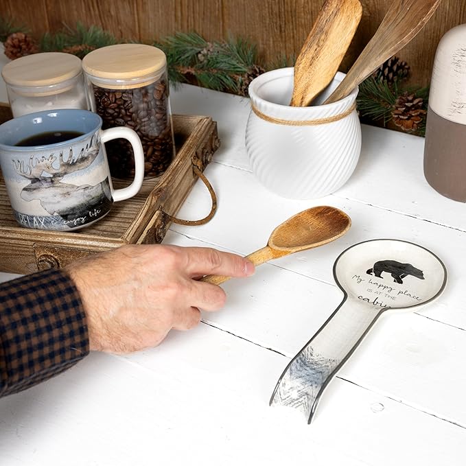 Pavilion Gift Company - At The Cabin - Bear 9" Stoneware Ceramic Spoon Rest Woodsy Outdoorsy Adventure Cabin Camping Camper Camp RV Tent, Gray & White
