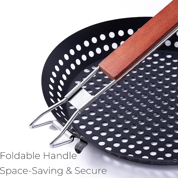 12-Inch Kozmatik Grill Pan Stovetop Turkish - Black Non-Stick Carbon Steel Grill Basket Vegetable with Handle | Vegetable Charring Pan for Stovetop & Grill