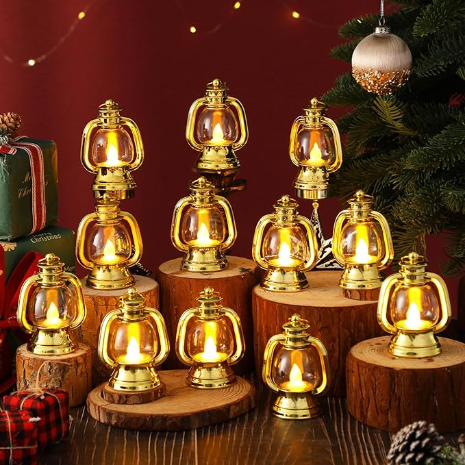 Ferraycle 12 Pcs Mini Lantern Decor 4 Inch Western Lantern Table Centerpiece Small Vintage Camping Hanging Lamp Ornaments Bulk for Cowboy Cowgirl Wedding Halloween Christmas (4 Inch,Gold)