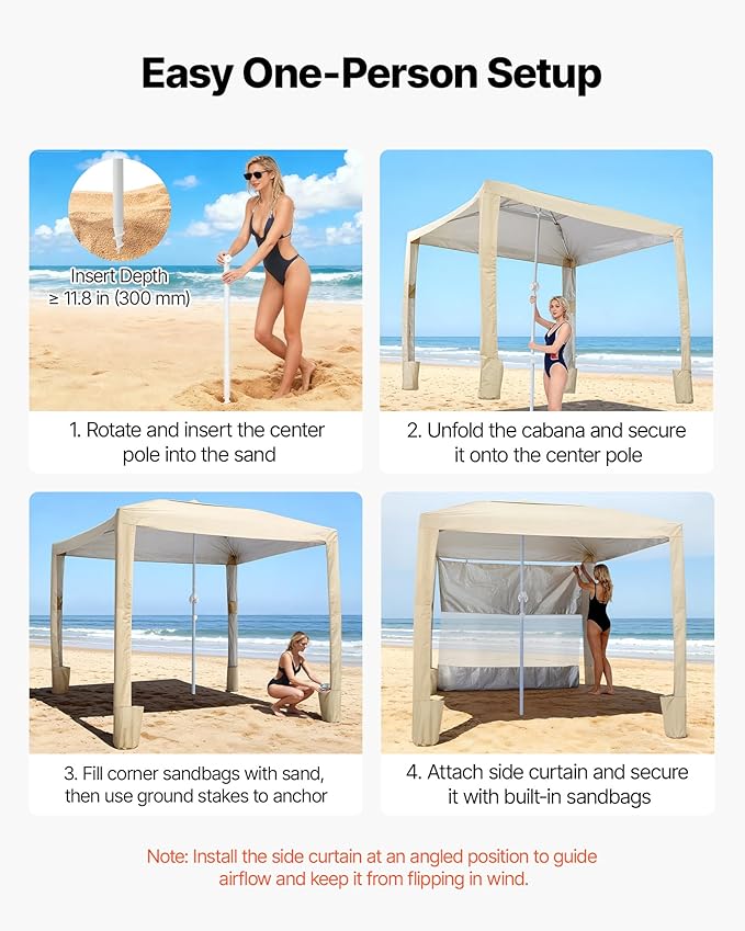 VEVOR Beach Cabana, 8 x 8 ft Beach Canopy with Side Wall, UPF 50+ Protection Easy Setup Cabana Tent with Sand Pockets, Adjustable Height Portable Shade Sun Shelter Umbrella for Family & Friends, Khaki