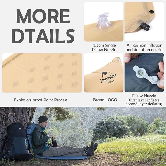Naturehike Self-Inflating Single Spliced Camping Air Cushion, Ultralight Sleeping Pad with Pillow, Compact Inflatable Portable Sleeping Mat for Backpacking Hiking Car Traveling Beach Tent (Blue)