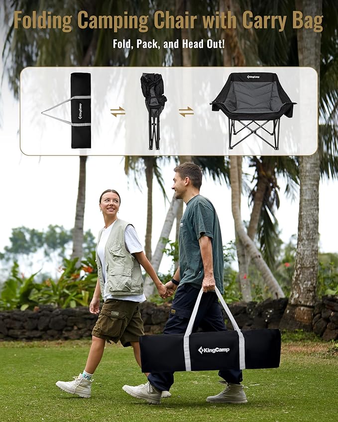 KingCamp Oversized XL Camping Chair, Heavy Duty 500lbs Folding Couch for Adults, Padded Large Comfortable Sofa Seat with Cooler Bag Cup Holder for Outdoor Sports Fishing Patio Lawn