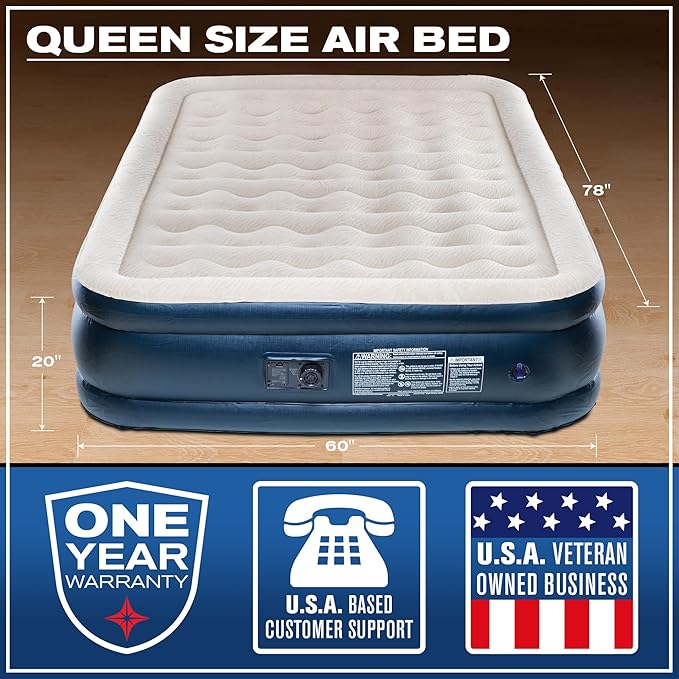 Pittman Outdoors - 20" Luxury Air Mattress Queen with Built in Pump, Premium Comfort Queen Size Blow up Mattress, 700lb Capacity - Ideal for Home Visits, Guests, Travel or Camping, Includes Carry Bag