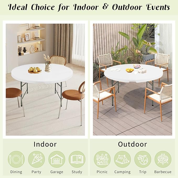 Fivenl 6 FT Round Folding Tables White Foldable Table, Fold-in-Half with Carrying Handle Portable Plastic Table for Party, Dining, Wedding, Camping, Picnic, Indoor Outdoor Events