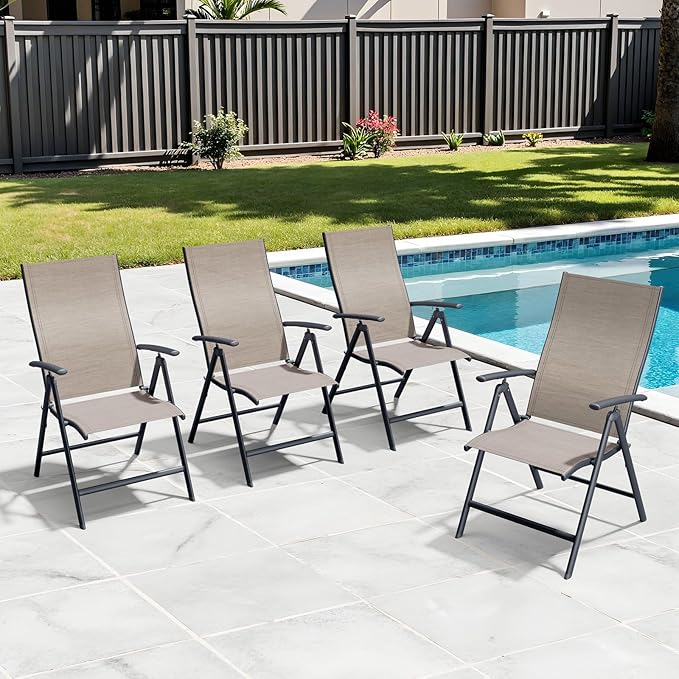 Crestlive Products Folding Patio Chairs Set of 4, Foldable Outdoor Dining Chairs 7-Level Adjustable Portable Recliner Chair for Camping, Lawn, Pool, Backyard, Brown